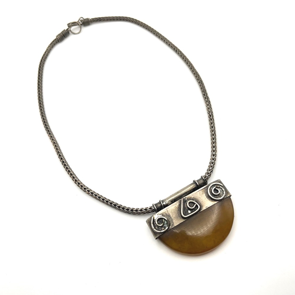 Artisan Half Moon Amber‎ Resin Pendant Necklace Silver Tone Spiral Wire Wrapped
